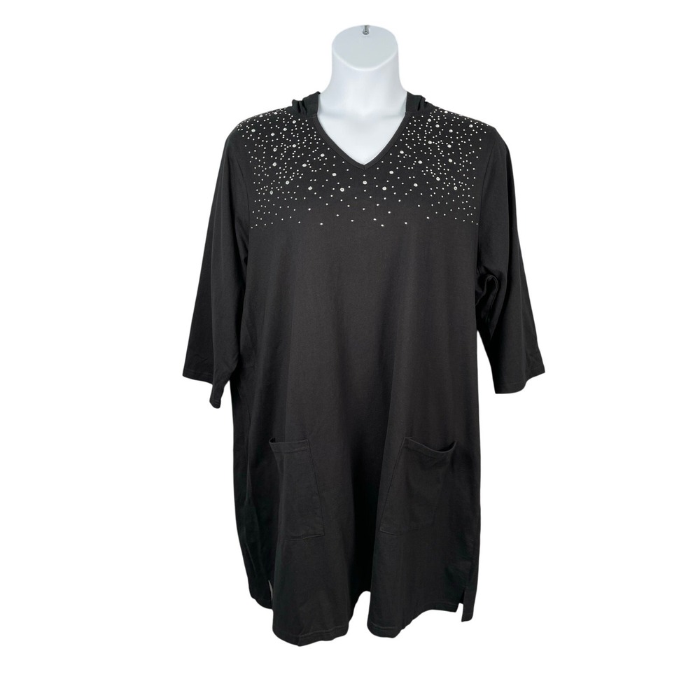 Quacker Factory Dress Womens 3X Black Rhinestone Hooded Cotton Swim Cover Up